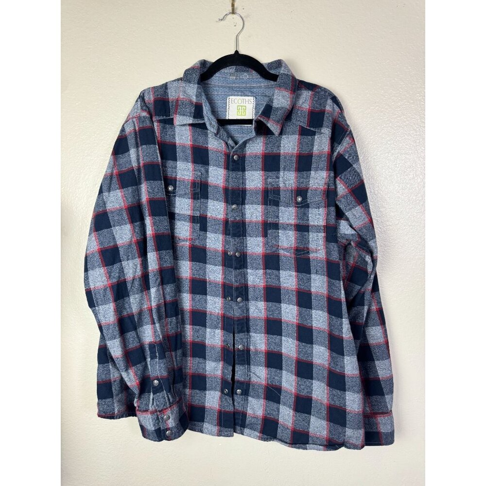 Ecoths Organic Cotton Flannel Shirt Blue Red Plaid Long Sleeve Button Up sz XXL